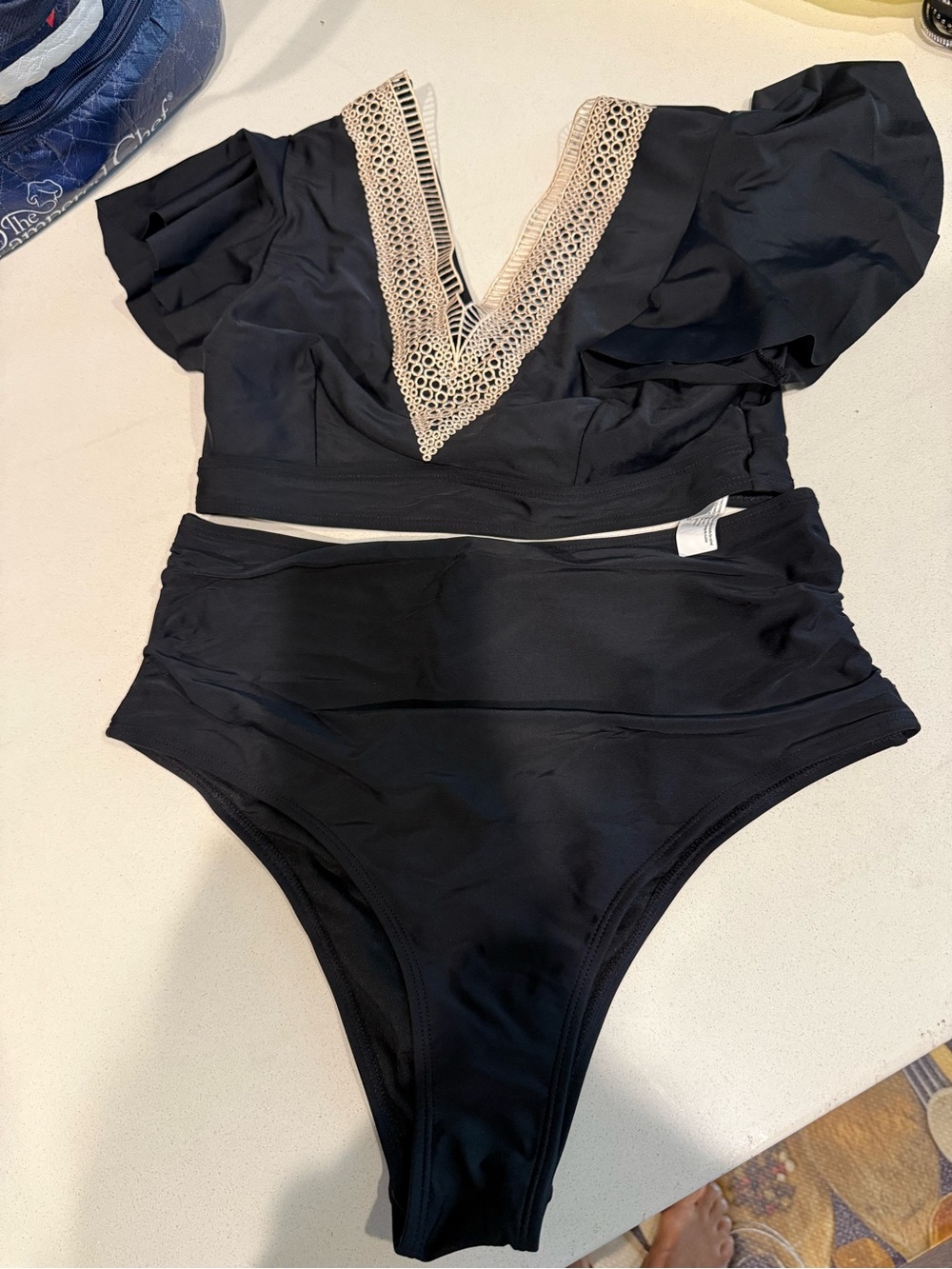 Black 2 piece  Swimsuit with Cream Lace Trim small top & medium bottoms